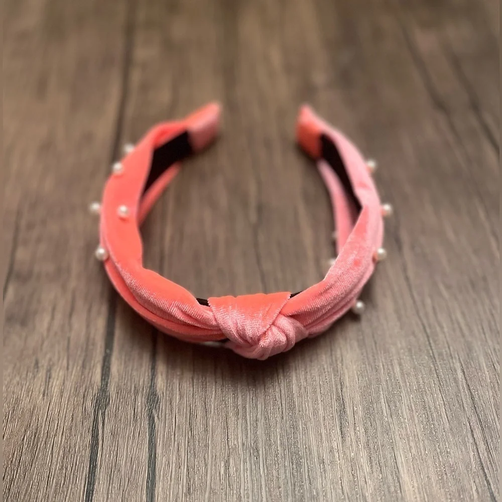 BP Florescent Pink Knotted Headband with Pearl Accents